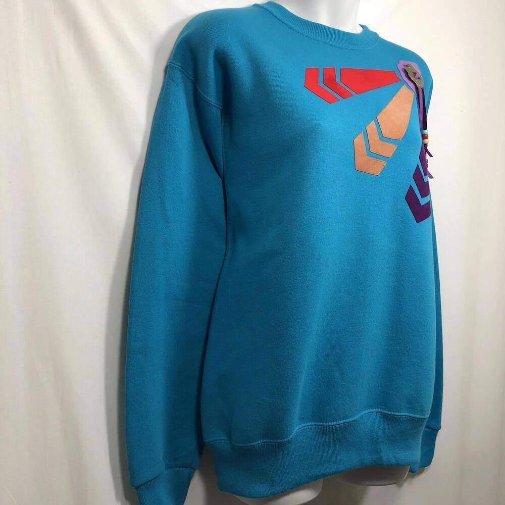 Native American Embellished Sweatshirt Women's Size M Beaded Blue Vtg Lee USA - Picture 2 of 9